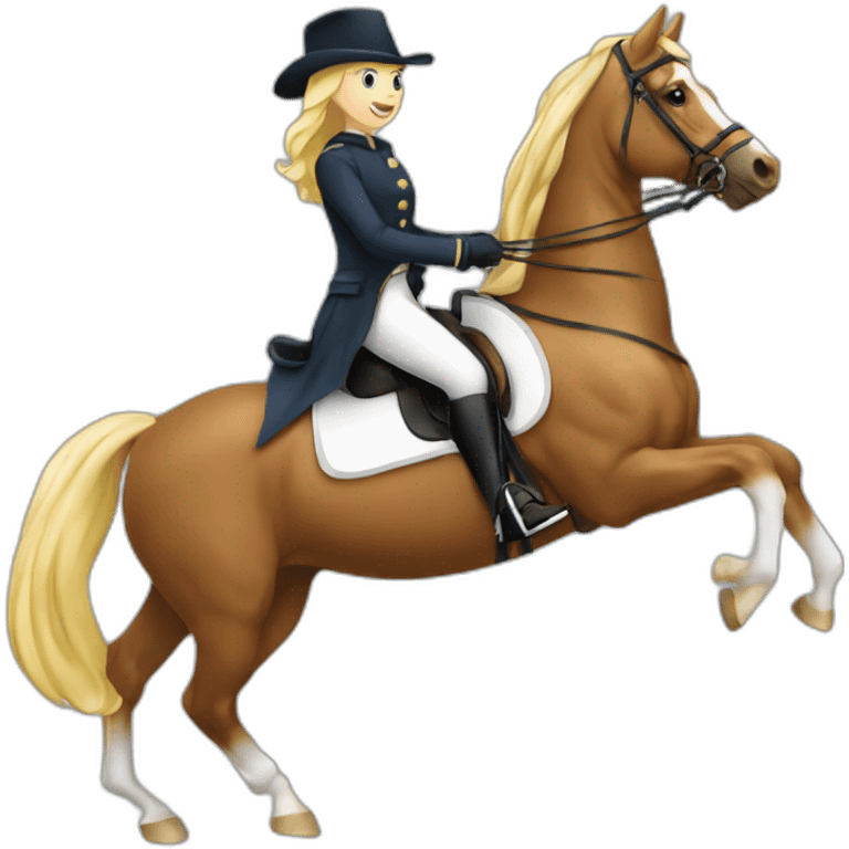 Fille blonde sur cheval en dressage emoji