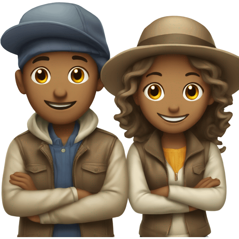 happy boy and girl in stylish hats emoji