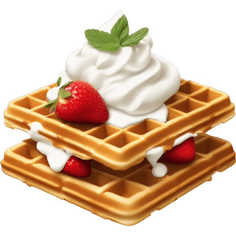 square waffle with dollop of whipped cream and strawberries on top emoji