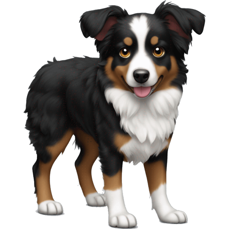 black tri mini aussie dog with one ear up emoji