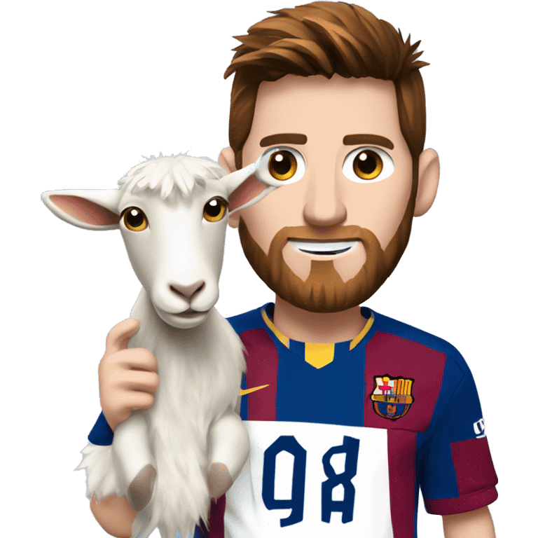 Messi holding a goat, redish hair redish beard, blue eyes emoji