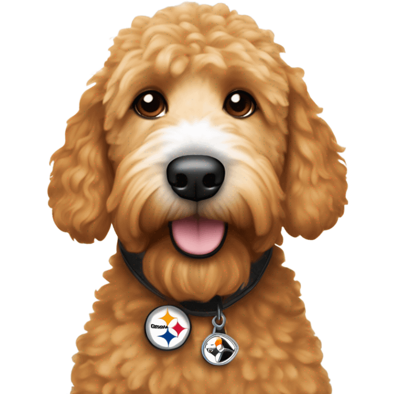 Ginger golden doodle with white tuft on head and white nose wearing Pittsburgh Steelers jersey emoji