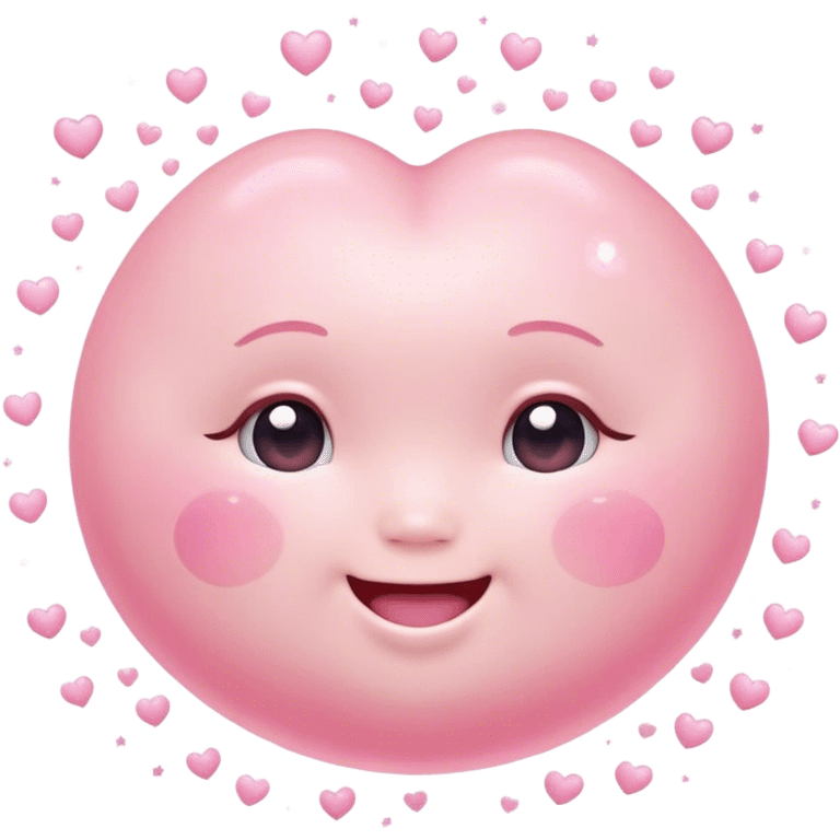 Cinematic floating soft heart, chubby round edges, pastel pink glow, tiny smiling face, surrounded by dreamy sparkles, gentle and loving. emoji