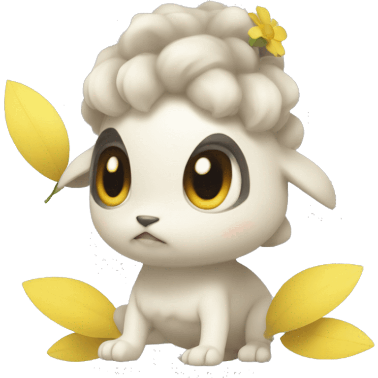 a white female only pokemon with stubby arms and legs it also has a yellow petals under its lower body covering its lower body emoji