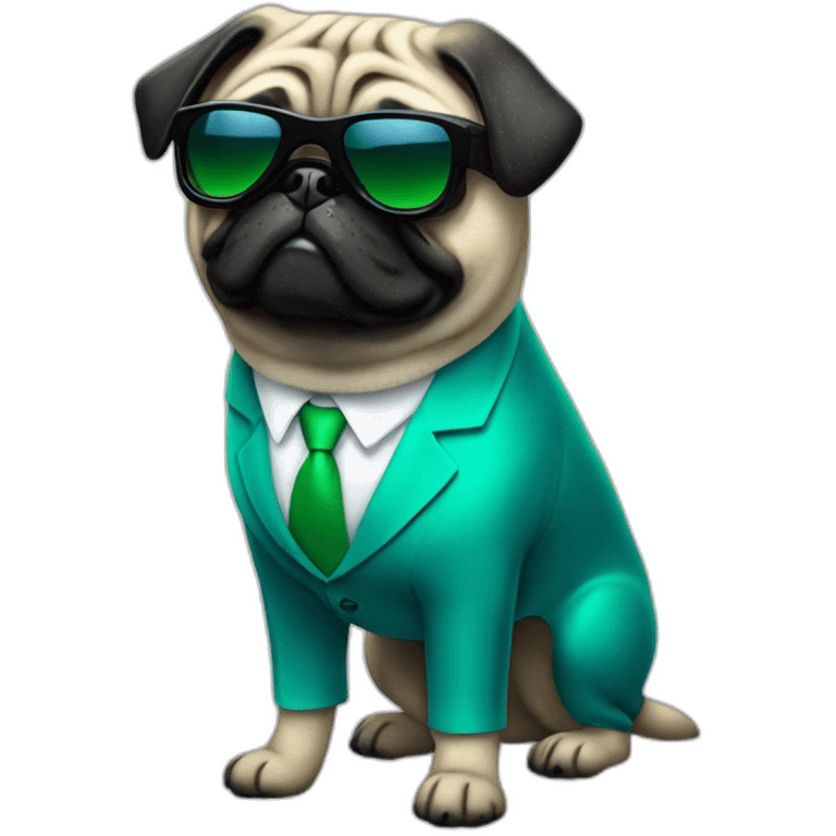 dog pug-in-gradient-green-blue-suit-with-and-black-sunglasses-standing-with-black-shoes emoji