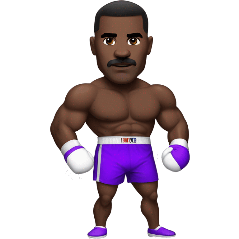 Evander Holyfield in his prime, in boxing attire, purple shorts, with guard half up emoji