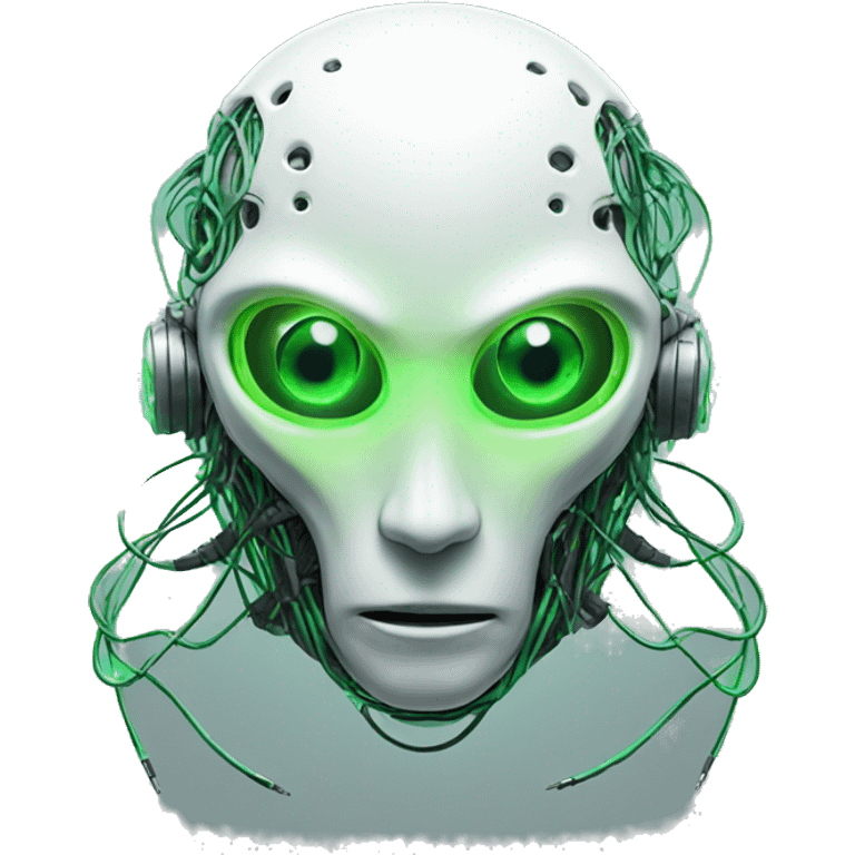 Round Alien cyborg head with glowing wires and green eyes  emoji