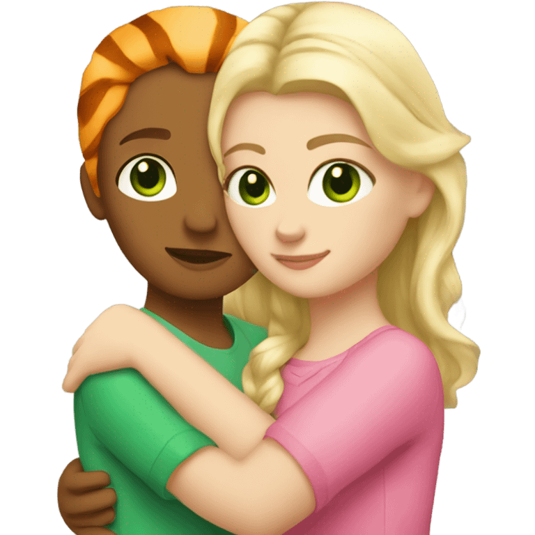 A blonde white girl with green eyes in pink hugs an orange tiger emoji