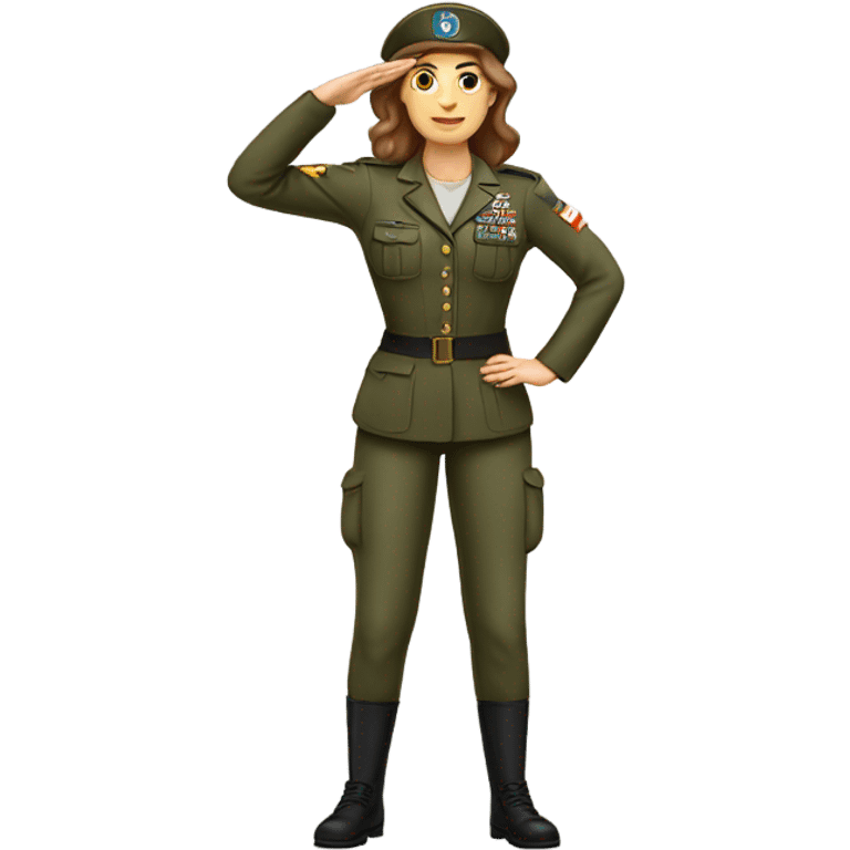 White woman long brown hair in army uniform saluting   emoji