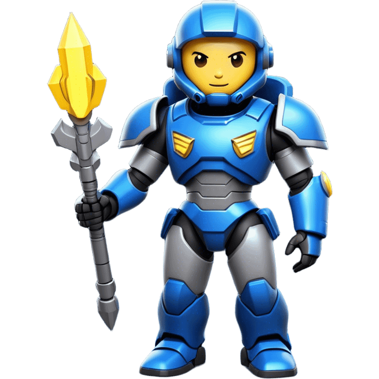 Clash of Clans aesthetic: Cinematic heroic Terran Marine Hero Emoji, rendered in a 3D vector-style similar to standard emojis with minimal shading and bold, simplified shapes. A compact, heroic isometric figure clad in futuristic power armor with signature energy accents, softly glowing with a cosmic battle charm. Simplified yet unmistakably iconic, highly detailed and consistent, glowing with a soft radiant shine and high gloss. Stylized with a touch of interstellar valor and a soft glowing outline, capturing the essence of an elite space warrior with a friendly, playful manner! emoji