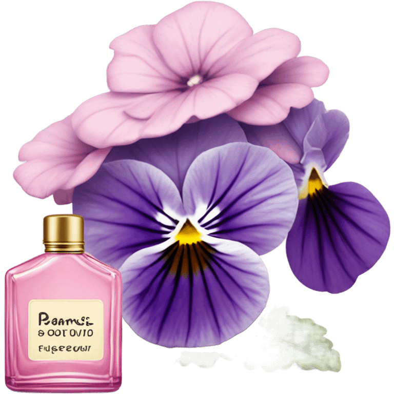 composition of aesthetically pleasing purple pansies, pastel pink daisies and a rosy vintage-style perfume bottle emoji