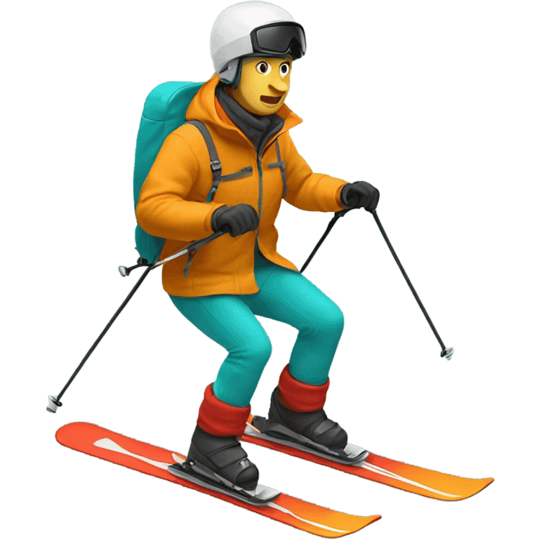 white man skiing full body wearing a dark yellow orange jacket and a red helmet and turquoise pants emoji