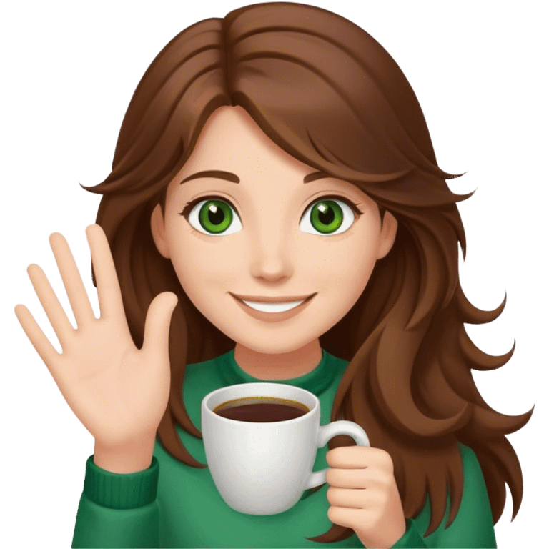 Long, Brown haired girl with middle hair part, with green eyes, smiling, waving with one hand, coffee mug in the other emoji