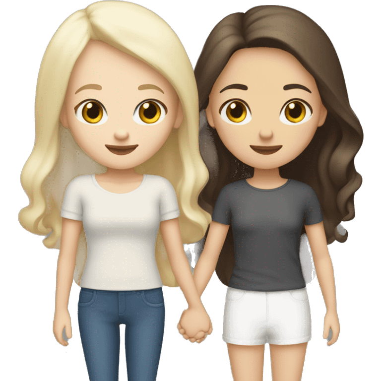 one tall white blonde girl and one white short brunette girl in love holding hands emoji