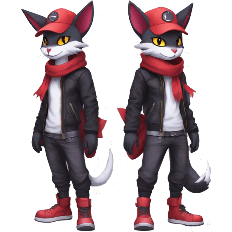 Cool Anthro Noibat-Zangoose-Litten-Sphynx-Feline-Pokémon with red scarf punk techwear cool fiddler-hat Full Body emoji