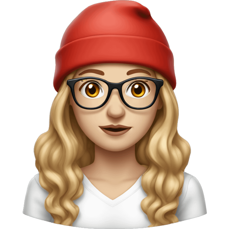 Hyperrealistic white girl with long blush hair with black glasses on, she is wearing a red santa hat  emoji