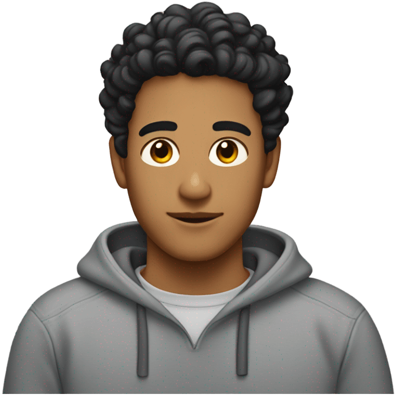 Tan guy with black curly hair in bun in gray sweatshirt  emoji