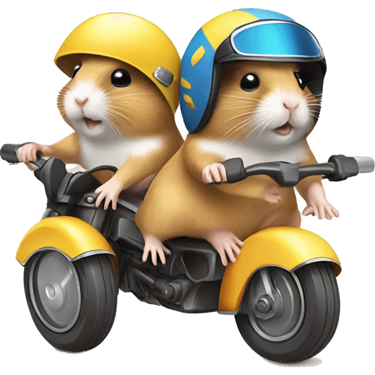 Two hamsters in swimwear and sun hat driving motorbike emoji