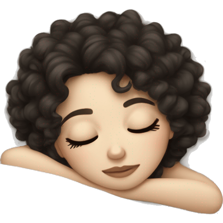 pale white girl dark curly hair sleeping on bed on pillow emoji