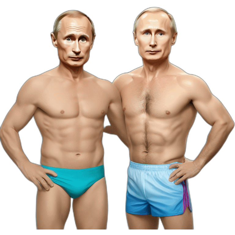 vladimir putin and éric zémour wearing a swimming trunk hyperrealistic emoji