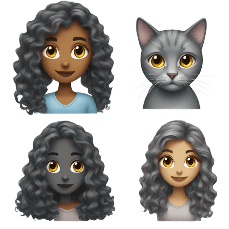 a long curl hair girl and a grey cat emoji