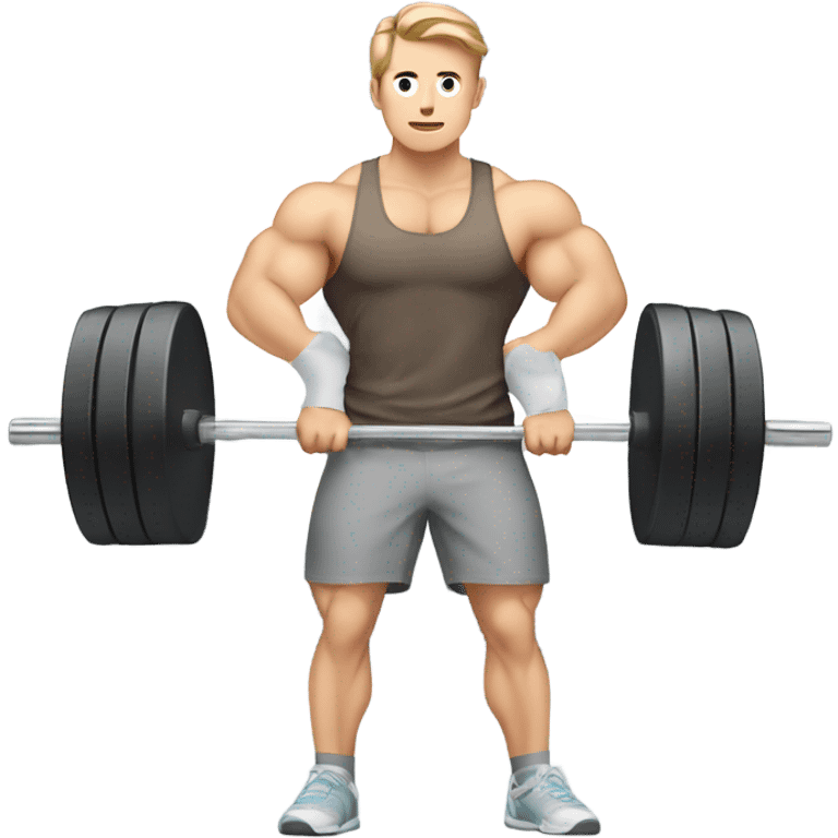 Kawaii White man with light brown hair at gym standing holding barbell on shoulders from side view emoji