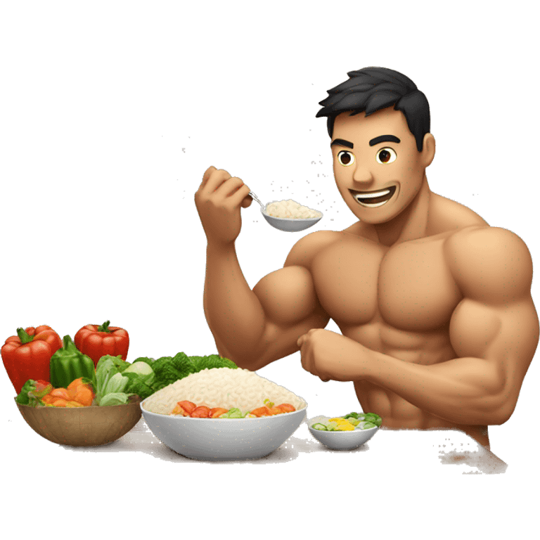 muscular man eating rice, meat and vegetables emoji