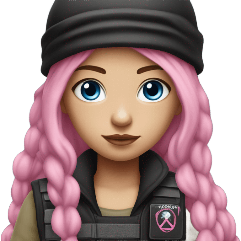 girl, white skin, tactical vest, dark pants, long pink hair, blue eyes, black beanie hat with crescent moon on front, black combat boots, gun emoji