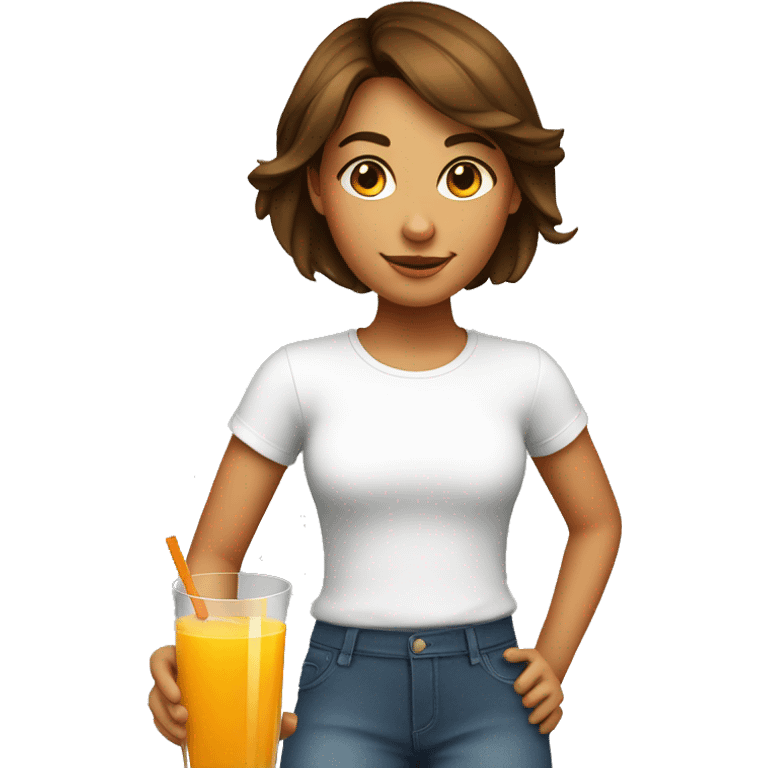 A girl with short brown hair wearing a white t-shirt, drinking orange juice and a glass emoji