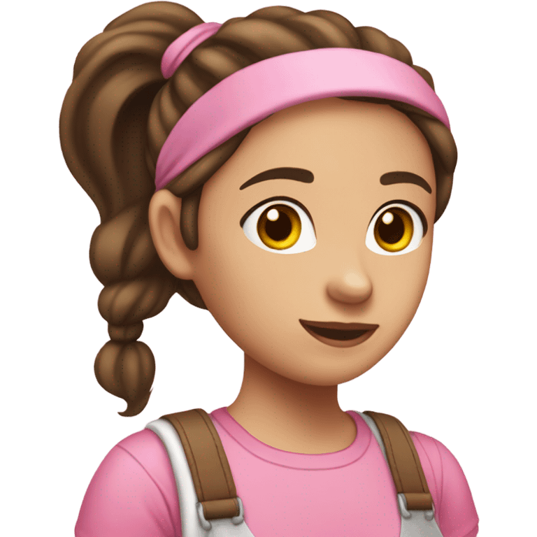 A white skin woman with brown hair in pony tail wearing pink headband, pink t shirt and overalls  emoji