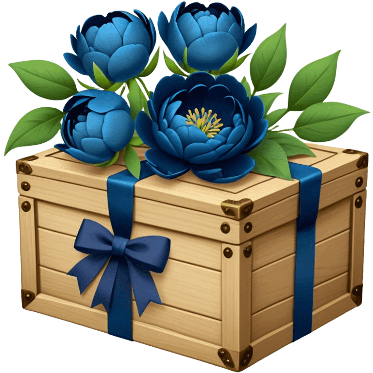 An antique wooden box filled with love blue letters tied with deep green bows, accompanied by a bouquet of navy blue peonies. emoji