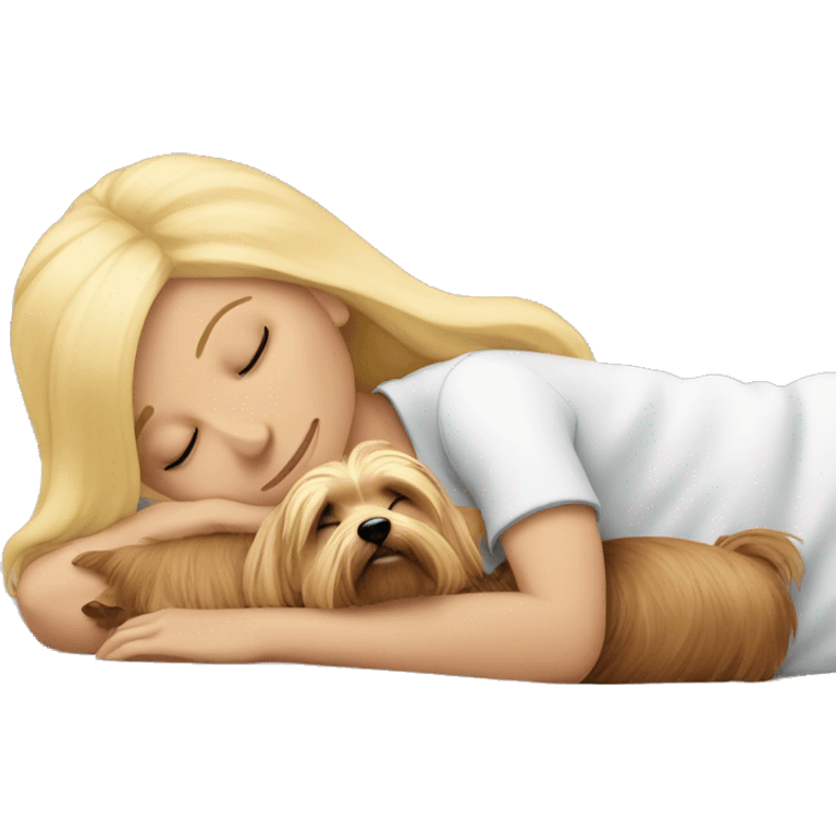 Blonde woman sleeping with her Yorkie emoji