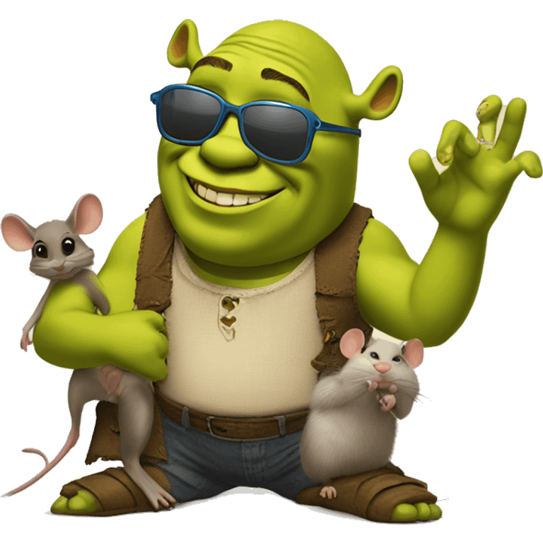 Shrek with sunglasses giving a peace sign hanging with 3 blind mice emoji