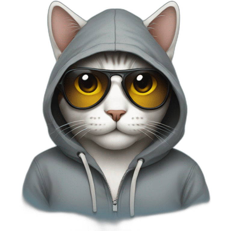 Cat with sunglasses and is wearing a hoodie emoji