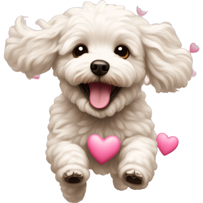 Milky happy maltipoo running and pink hearts around  emoji