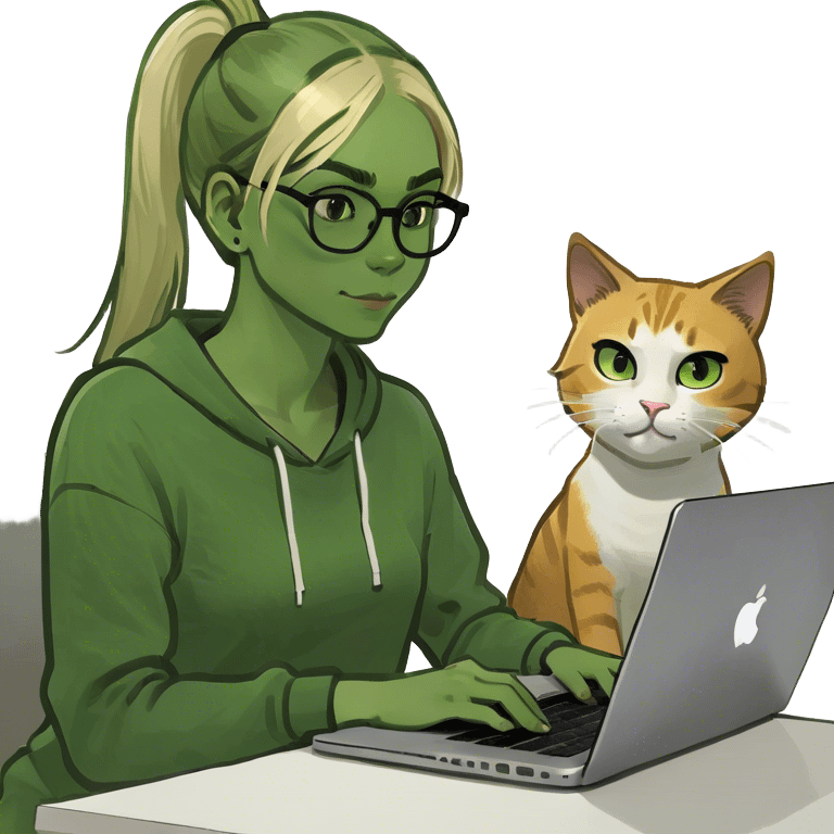 Blonde girl ponytail macBook and a cat emoji