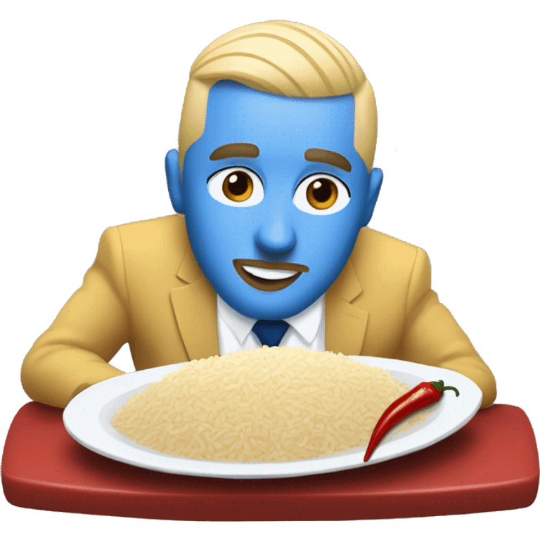 realism mac miller with a blonde comb over skin fade and blue eyes wearing a blue suit eating chilli with rice emoji