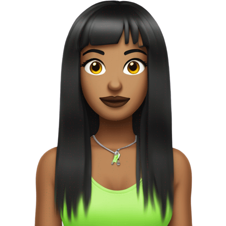 Tanned woman with long black hair dressed in Y2K hip hop hair, makeup, and neon attire emoji