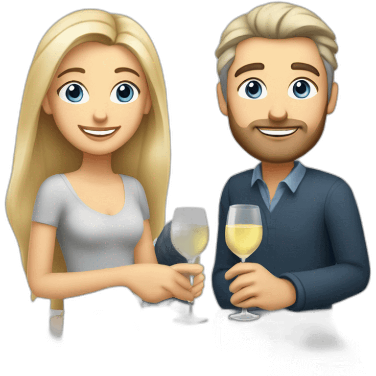 caucasian woman with brown eyes and blond medium long hair and a caucasian man with blue eyes and grey hair, toasting with a glass of white wine emoji