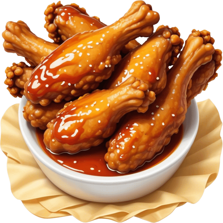 Cinematic crispy chicken wings, golden-brown and glazed with spicy sauce, crunchy coating, juicy inside, piled high with dipping sauce on the side, ultra-realistic and mouthwatering, inviting and bold. emoji