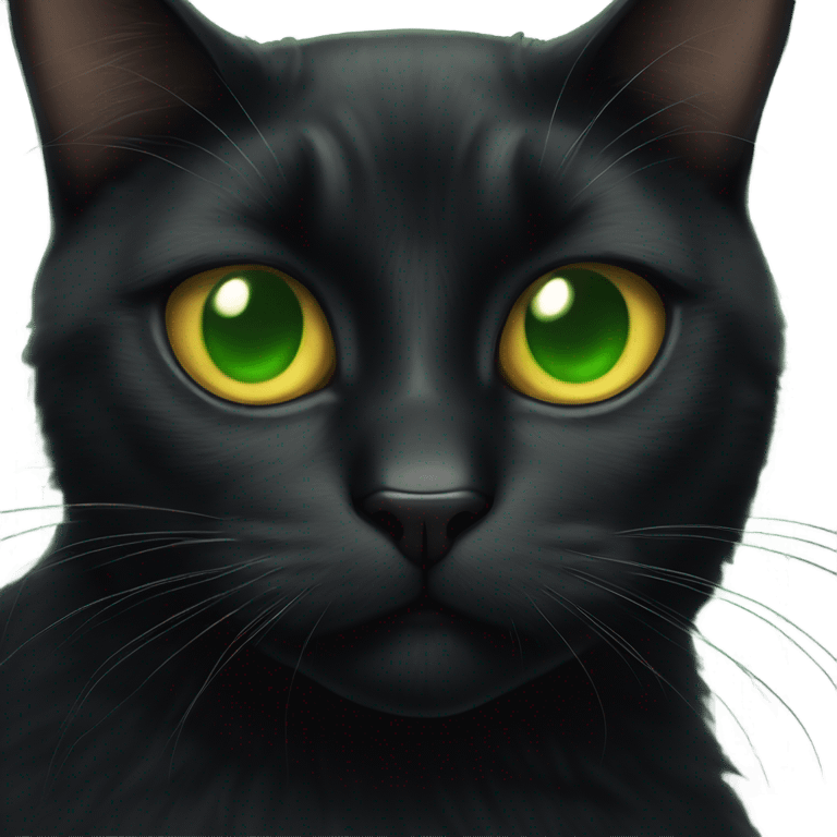 black cat with round golden green eyes smoking a cigarette looking devious emoji