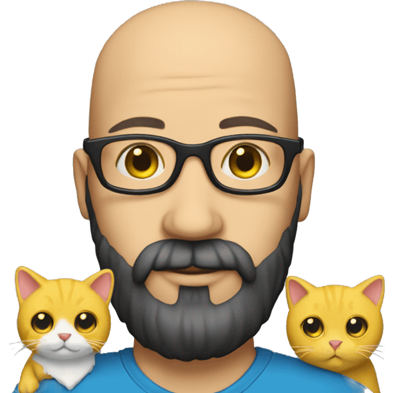 A bald man with glasses and black beard holding a yellow cat emoji