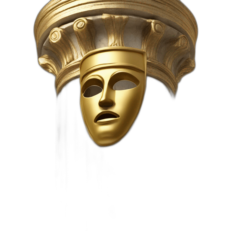 distant view of an abstract renaissance mask in a coat standing on an antique style golden greek column, 4K resolution emoji