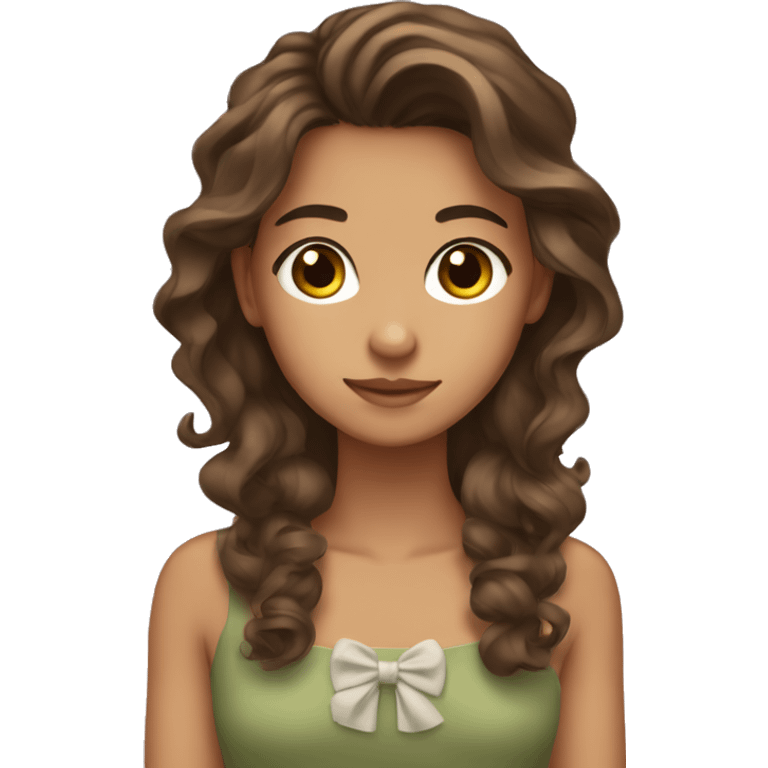 girl with olive skin, brown eyes and brown long wavy hair, an a bow emoji