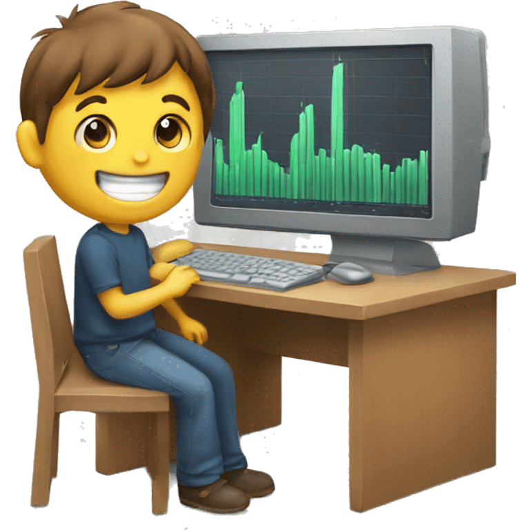 A computer with trading graphs going up and a happy boy  emoji