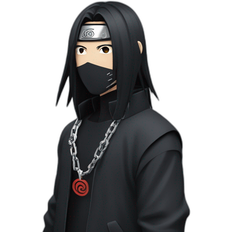 itachi uchiha wearing men silver chain,styled,cool,side angle emoji