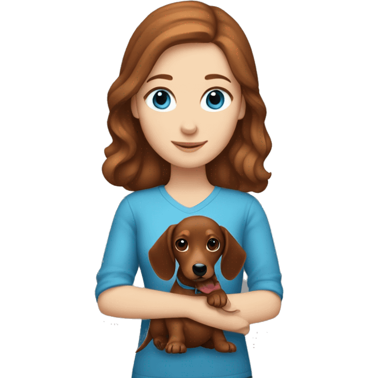 White girl with brown hair and blue eyes holding a red dachshund  emoji