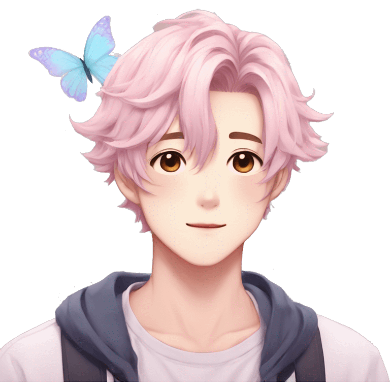 Gorgeous pastel anime style shojo man with blushing face and butterflies aesthetic and pretty hair trending style emoji