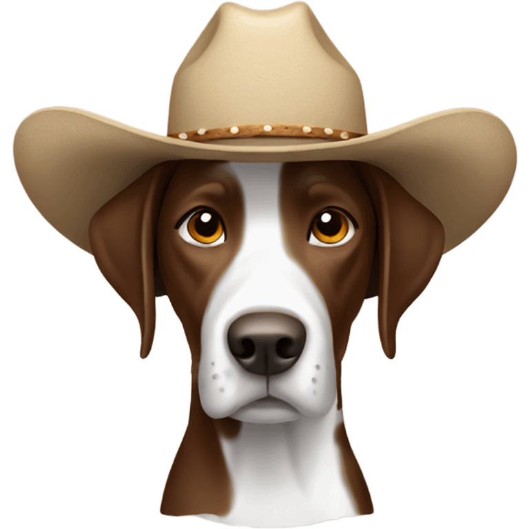 A brown and white pointer wearing a cowboy hat emoji