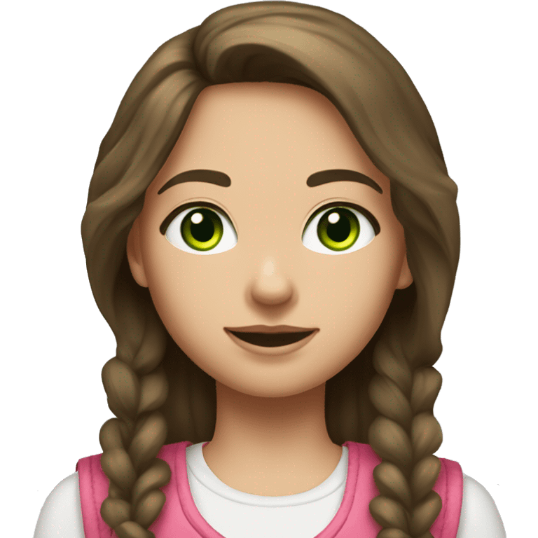 a girl with brunette hair and a pink vest with a white laced tank with flared jeans and green eyes emoji